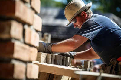 Construction Worker Laying Bricks On A Building Site