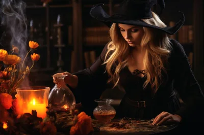 Blonde Witch Preparing A Potion In A Dark Library