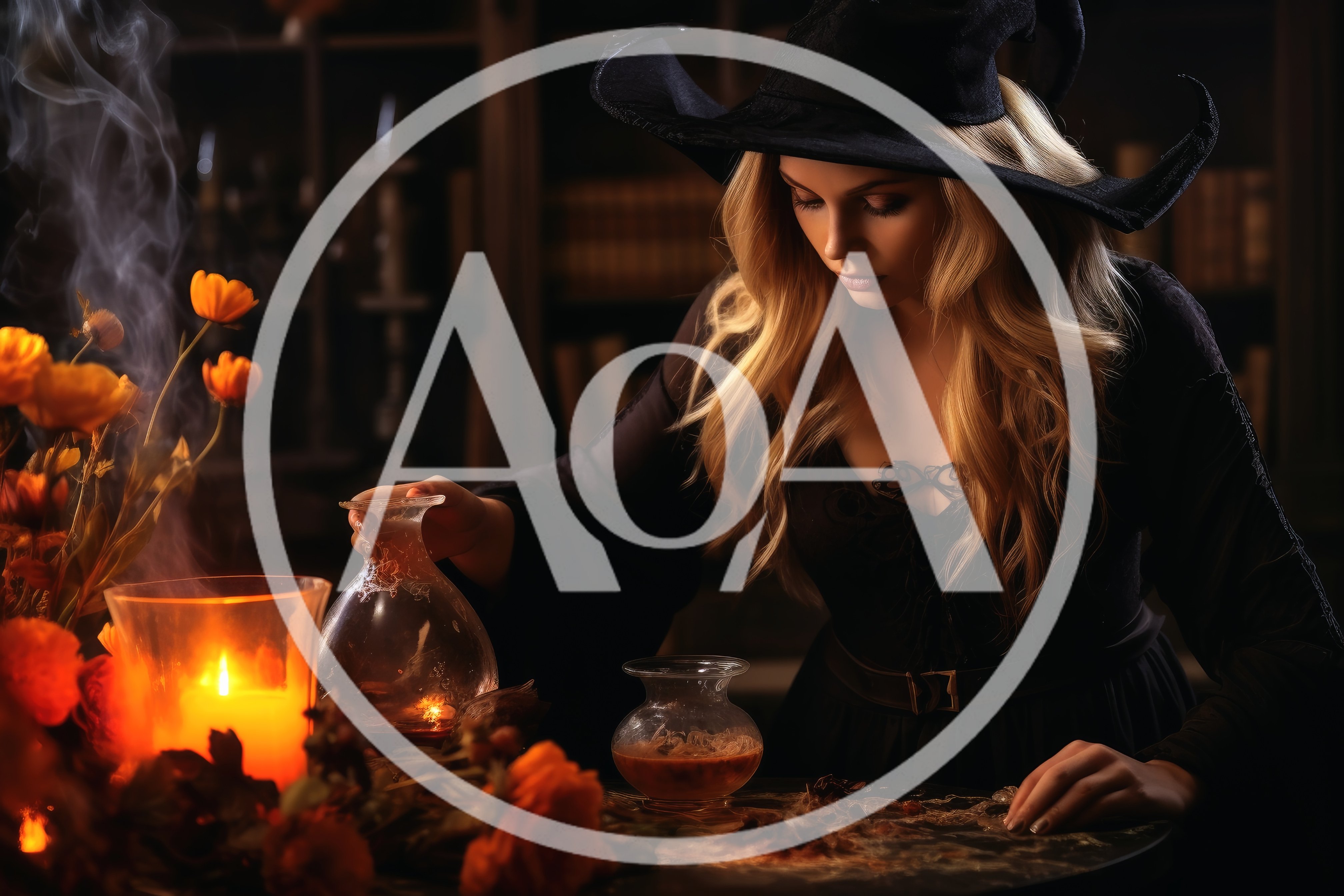 Blonde Witch Preparing A Potion In A Dark Library