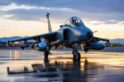 Military Fighter Jet Parked On Tarmac At Sunset