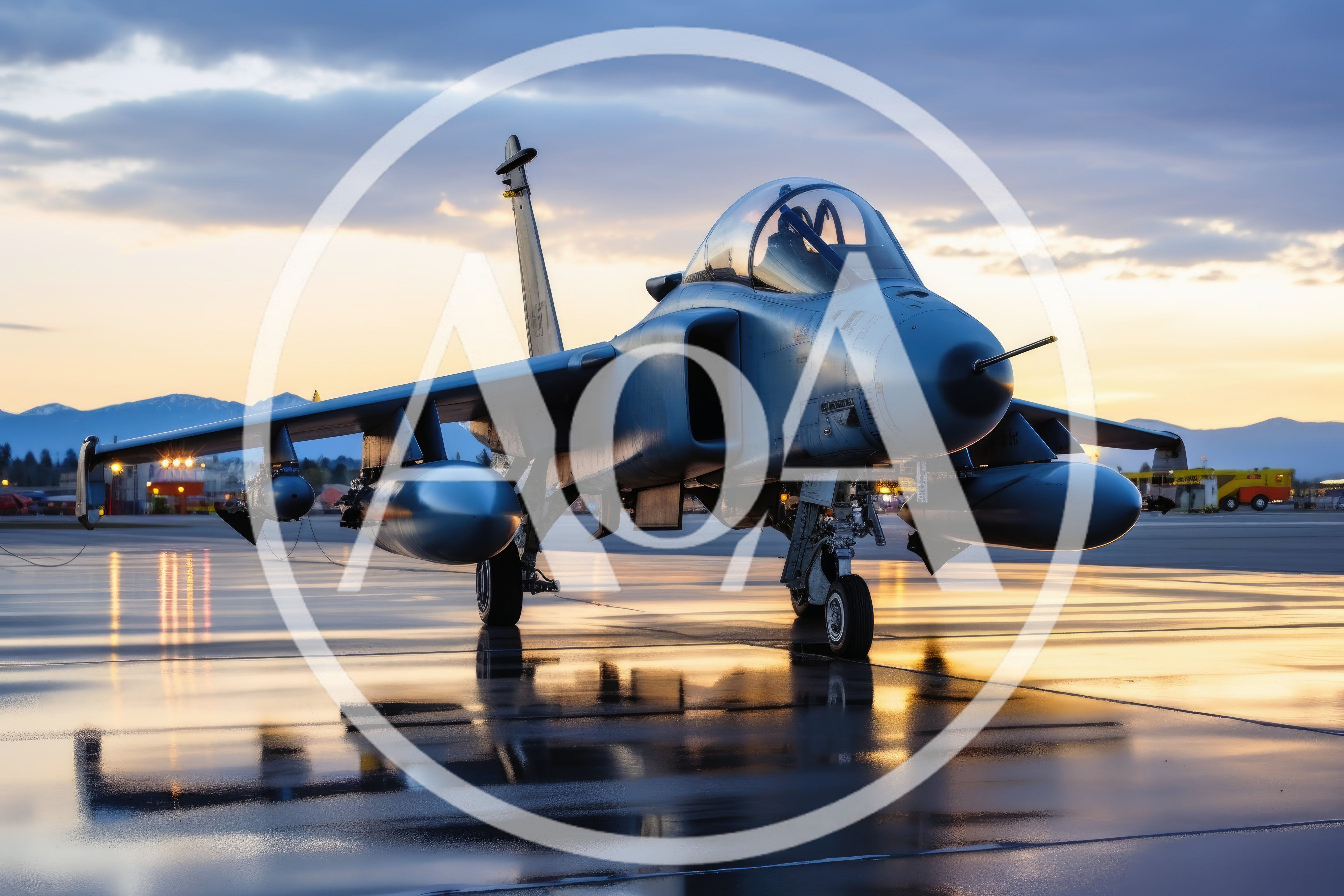 Military Fighter Jet Parked On Tarmac At Sunset