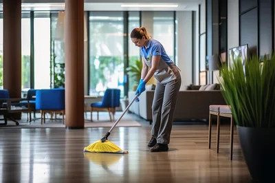Professional Cleaner Mopping Modern Hotel Lobby Floor