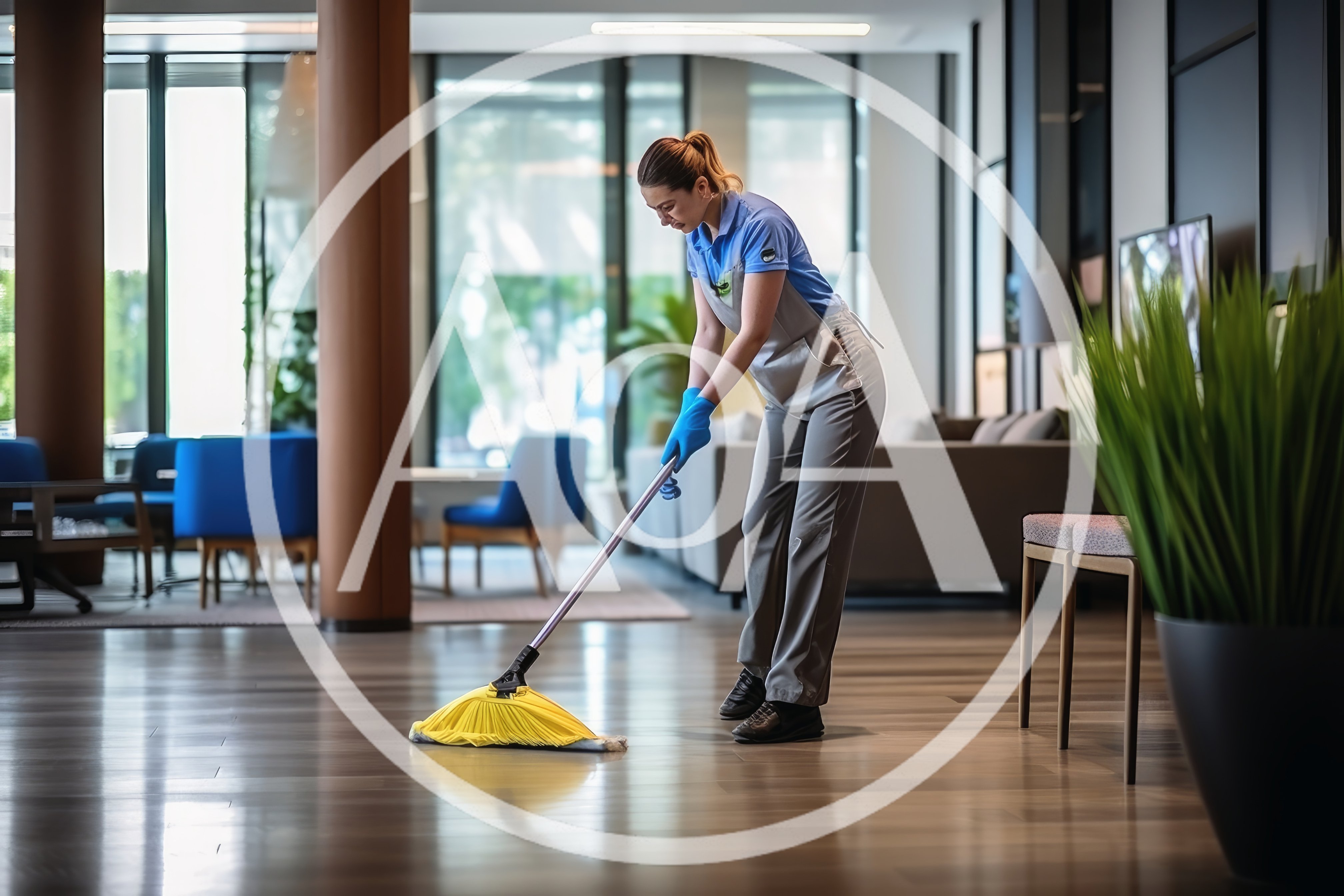 Professional Cleaner Mopping Modern Hotel Lobby Floor