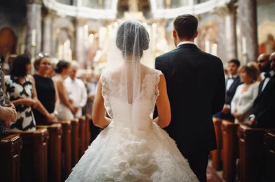 Bride and Groom Standing at Altar During Wedding Ceremony
