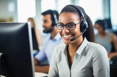 Smiling Customer Service Representative Working In A Call Center