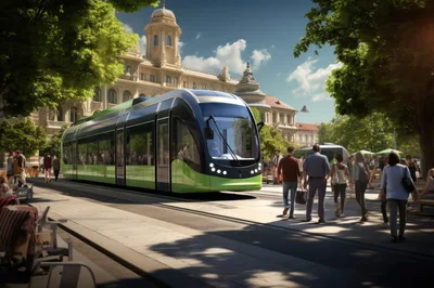 Modern Green Tram Moving Through A European City Square
