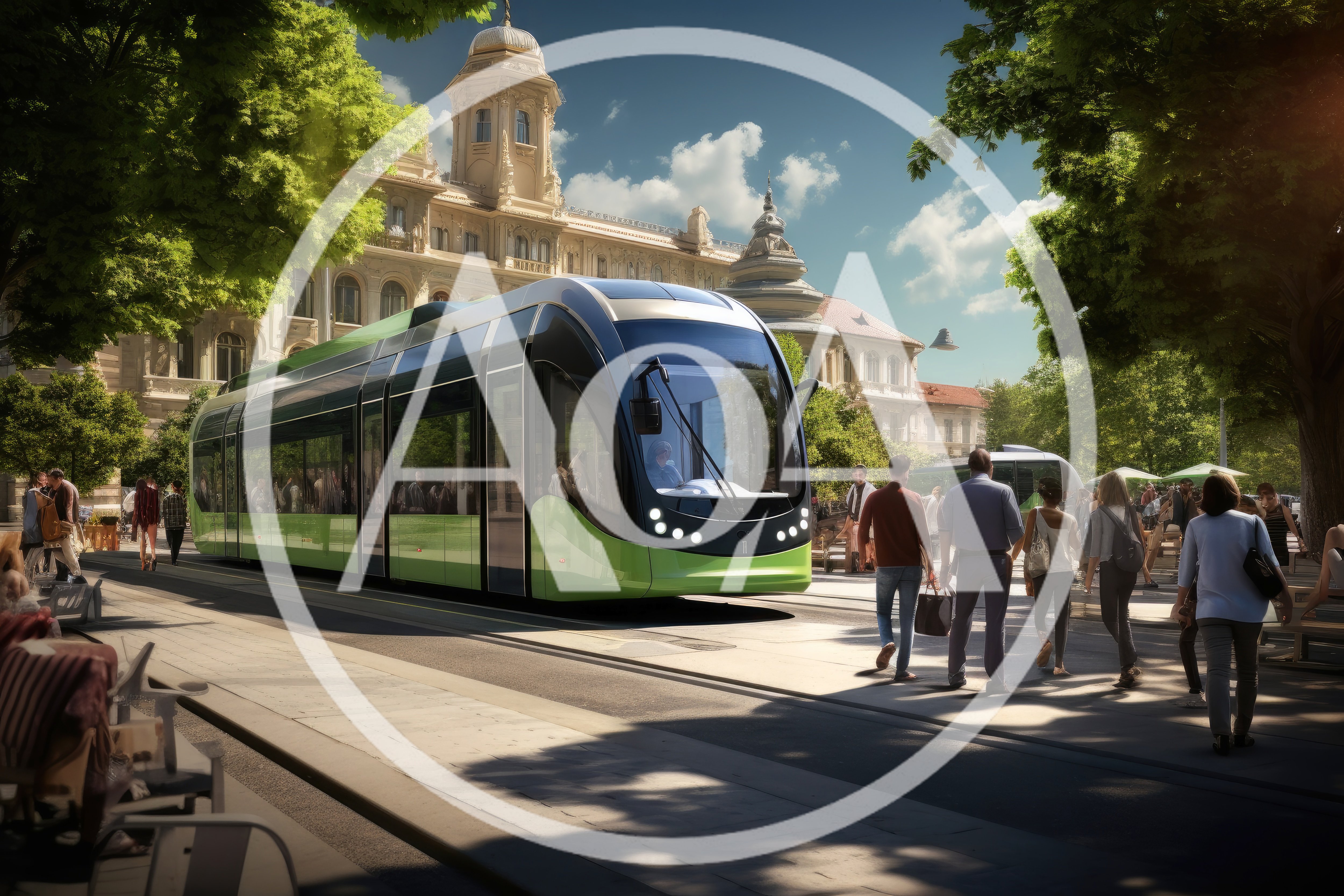 Modern Green Tram Moving Through A European City Square