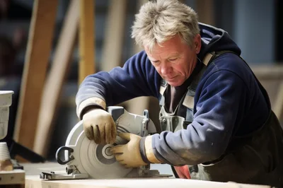 Carpenter Cutting Wooden Plank With Circular Saw