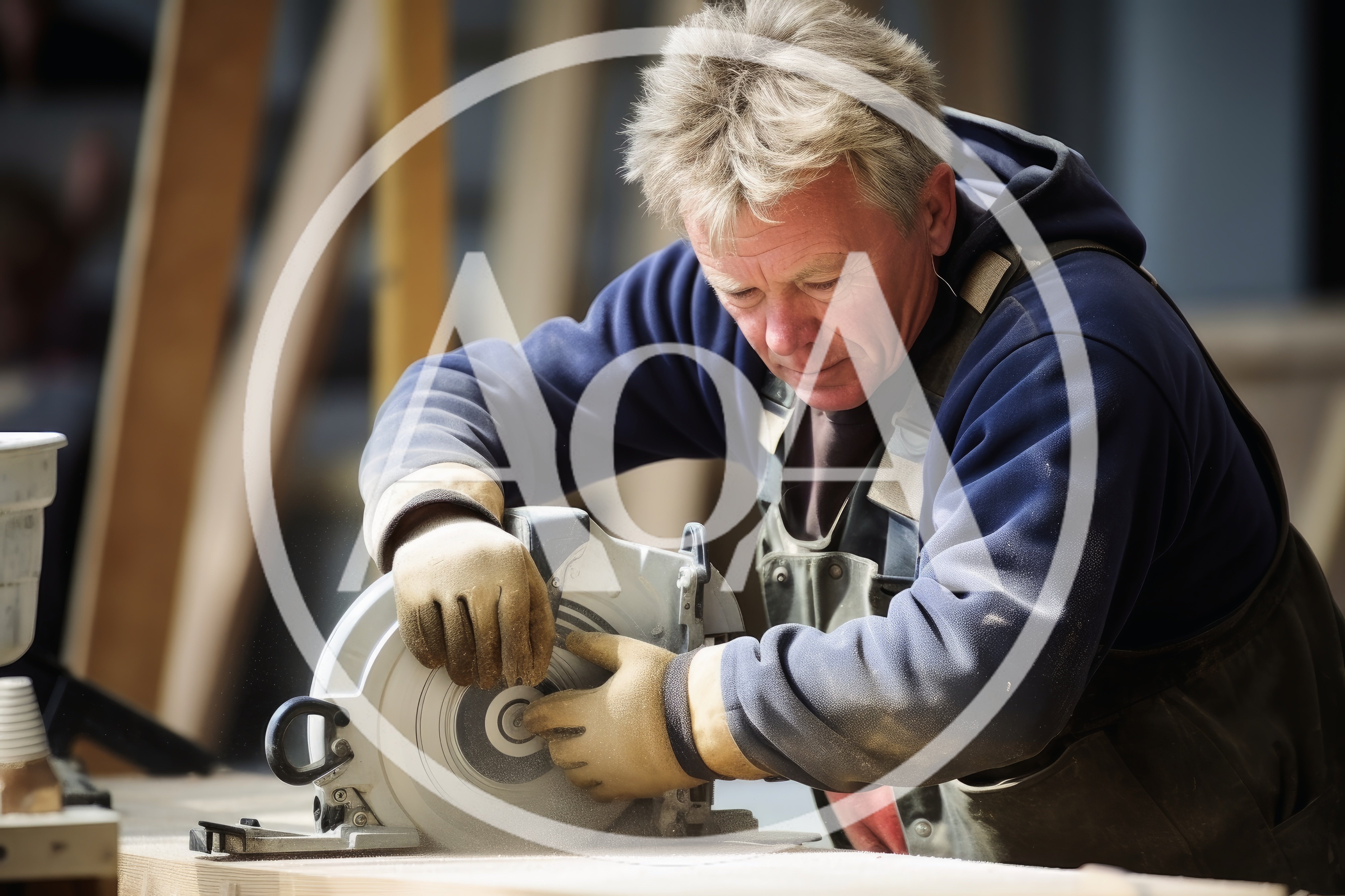 Carpenter Cutting Wooden Plank With Circular Saw