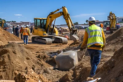 Construction Workers Operating Excavator at Earthwork Site