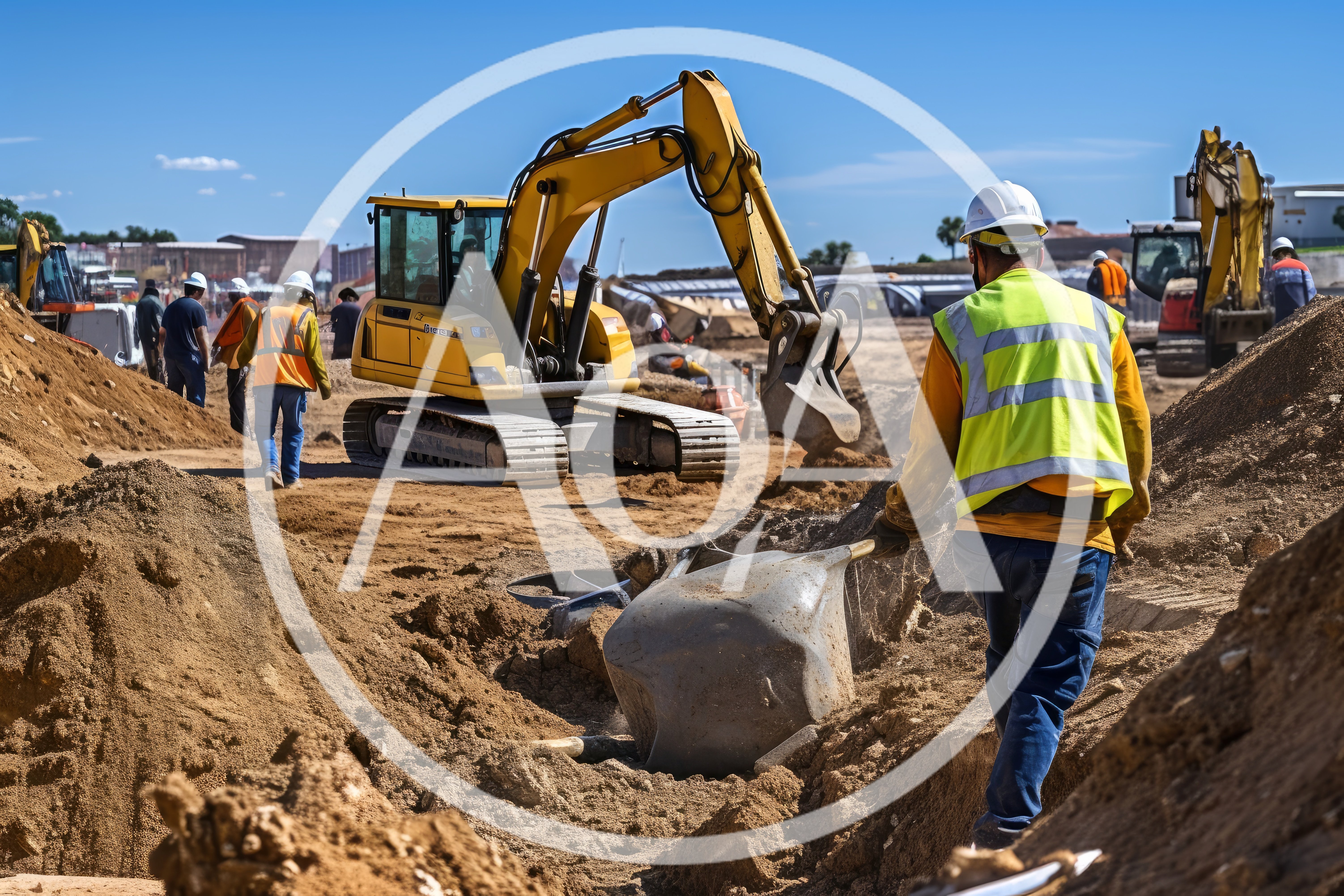 Construction Workers Operating Excavator at Earthwork Site