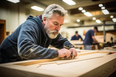 Skilled Carpenter Working On Wood In A Workshop