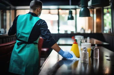 Restaurant Worker Cleaning Table With Sanitizer