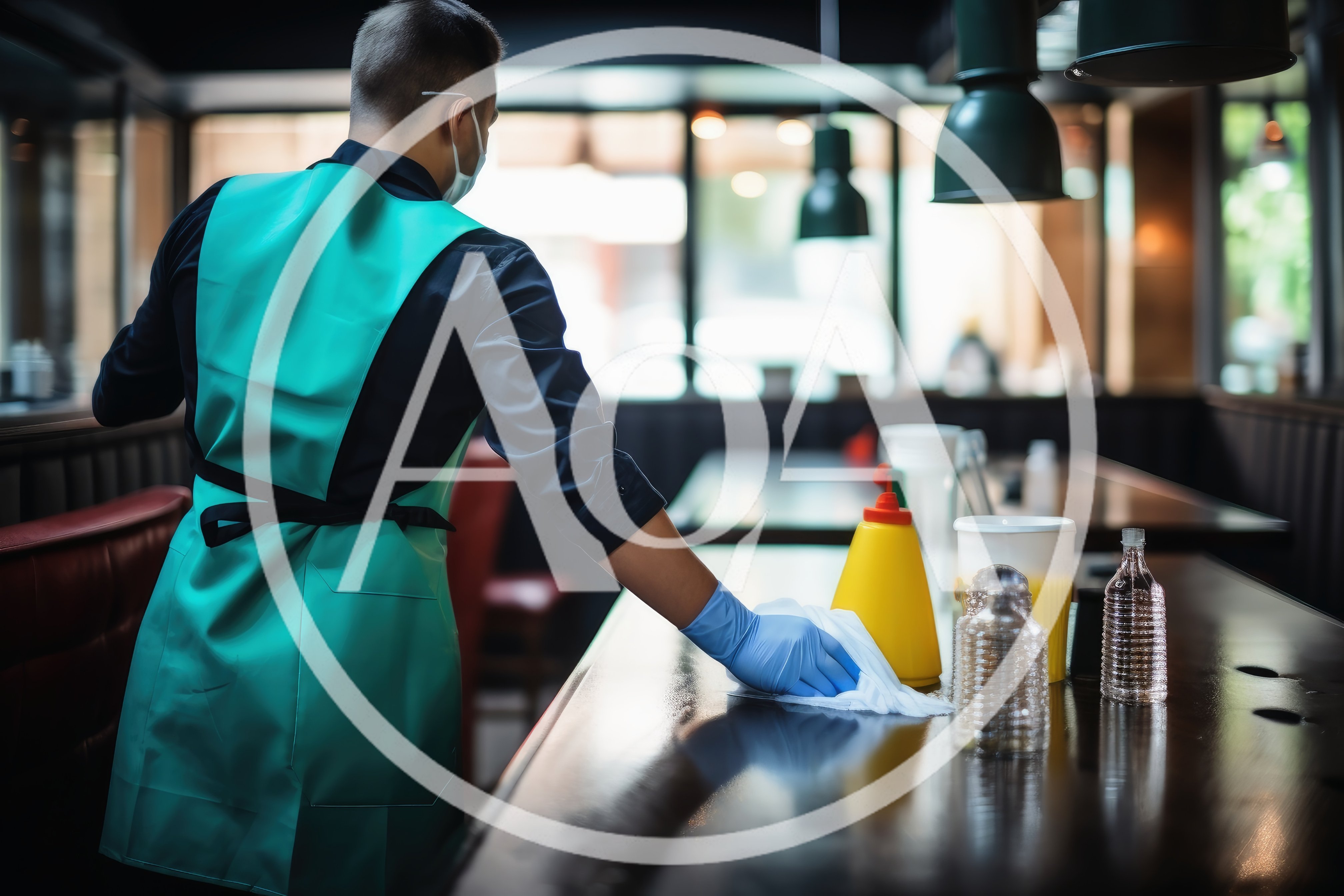 Restaurant Worker Cleaning Table With Sanitizer