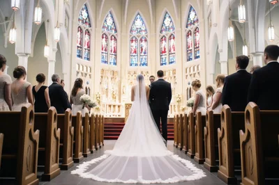 Bride and Groom Standing at Altar During Wedding Ceremony