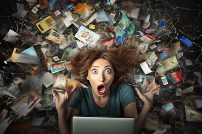 Stressed Woman Overwhelmed By Digital Clutter And Information