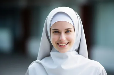 Portrait Of A Smiling Young Nun In White Habit