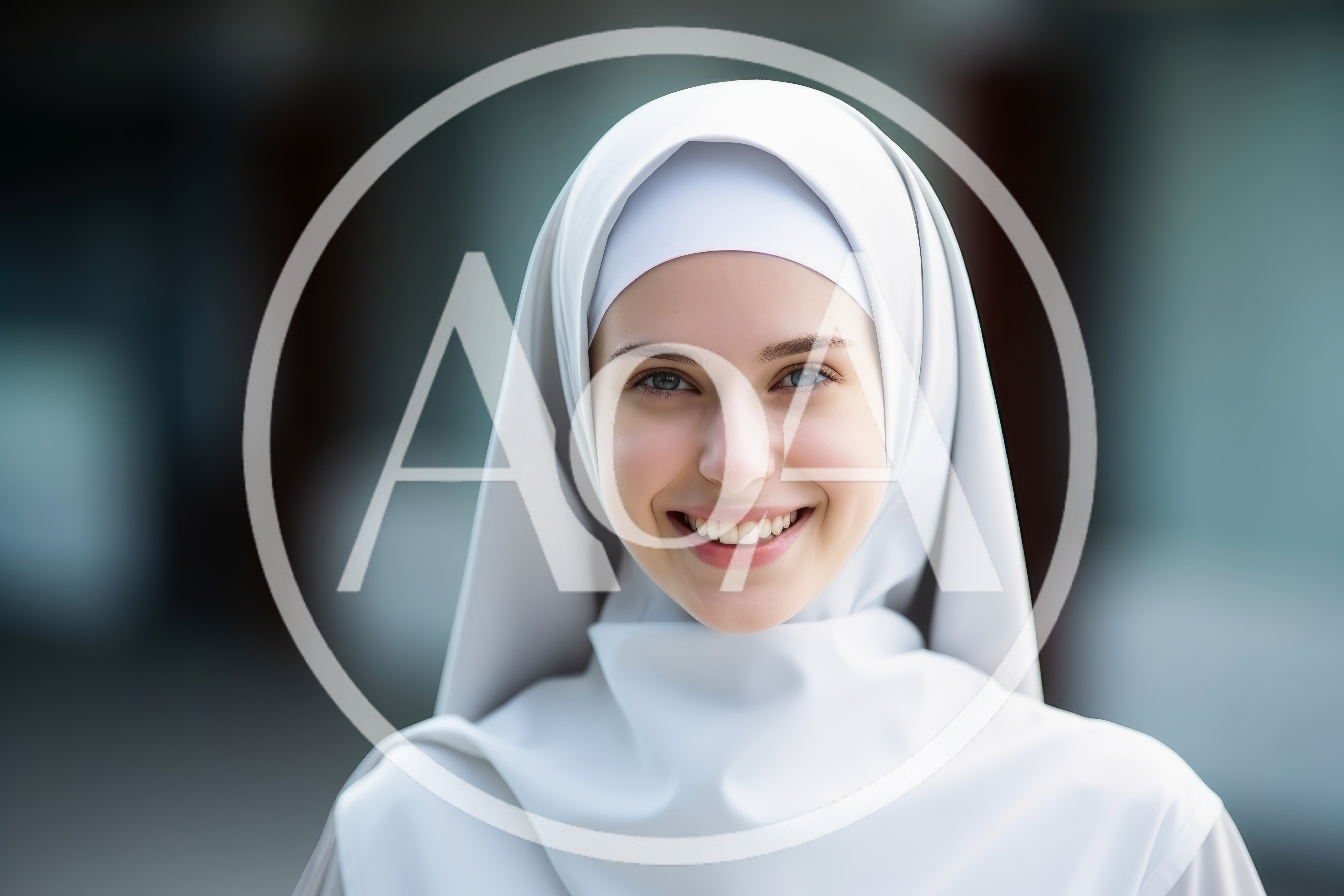 Portrait Of A Smiling Young Nun In White Habit