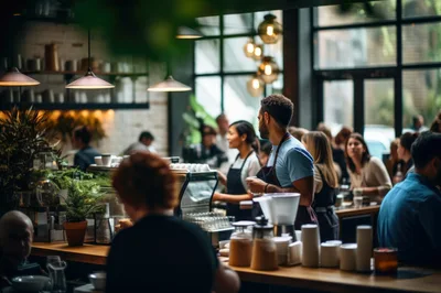 Baristas Working Behind Counter In Busy Coffee Shop
