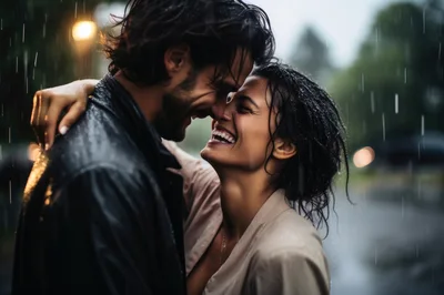 Happy Couple Embracing Under Rain In City Street