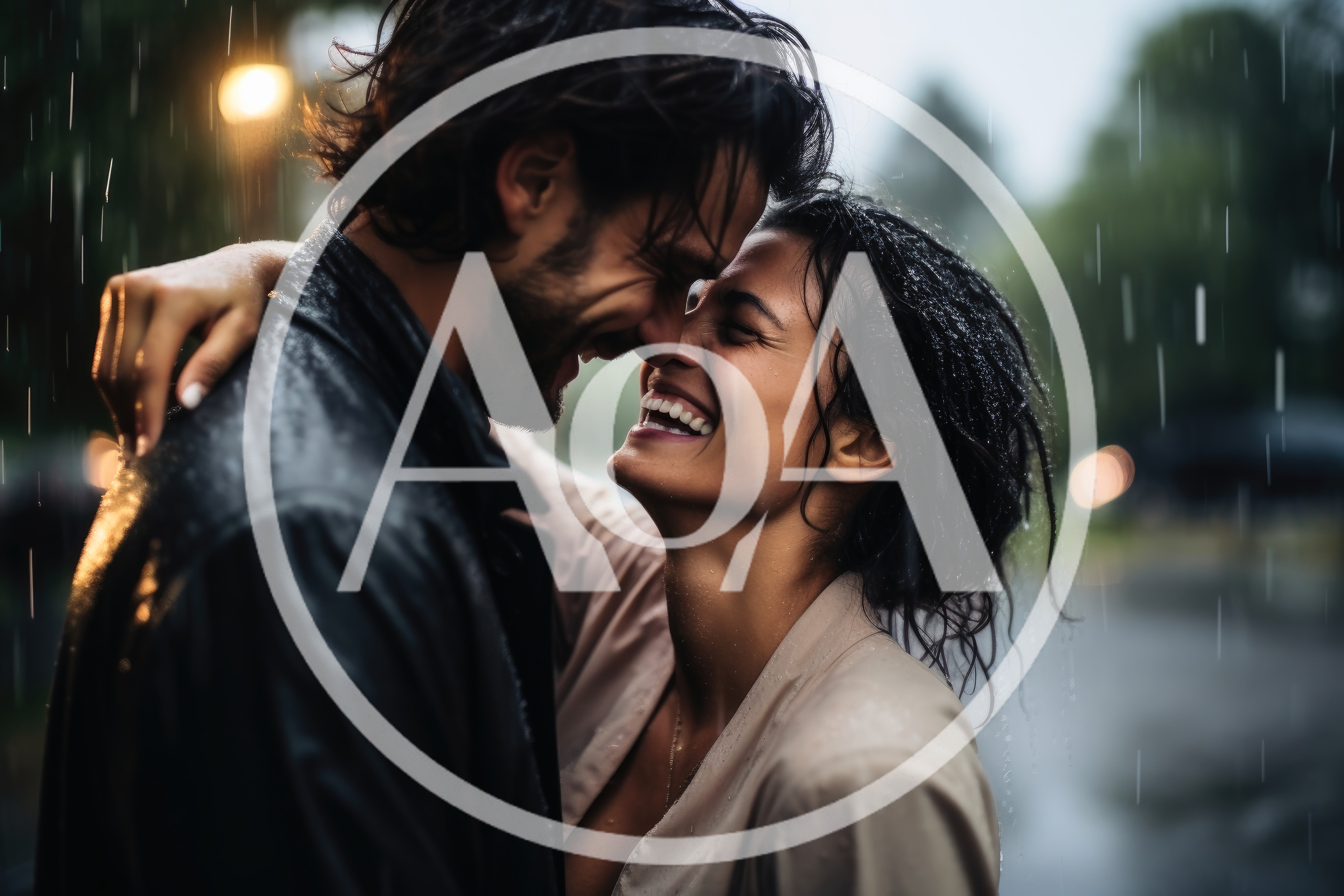 Happy Couple Embracing Under Rain In City Street
