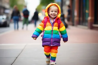 Happy Toddler Walking Down City Sidewalk In Rainbow Outfit