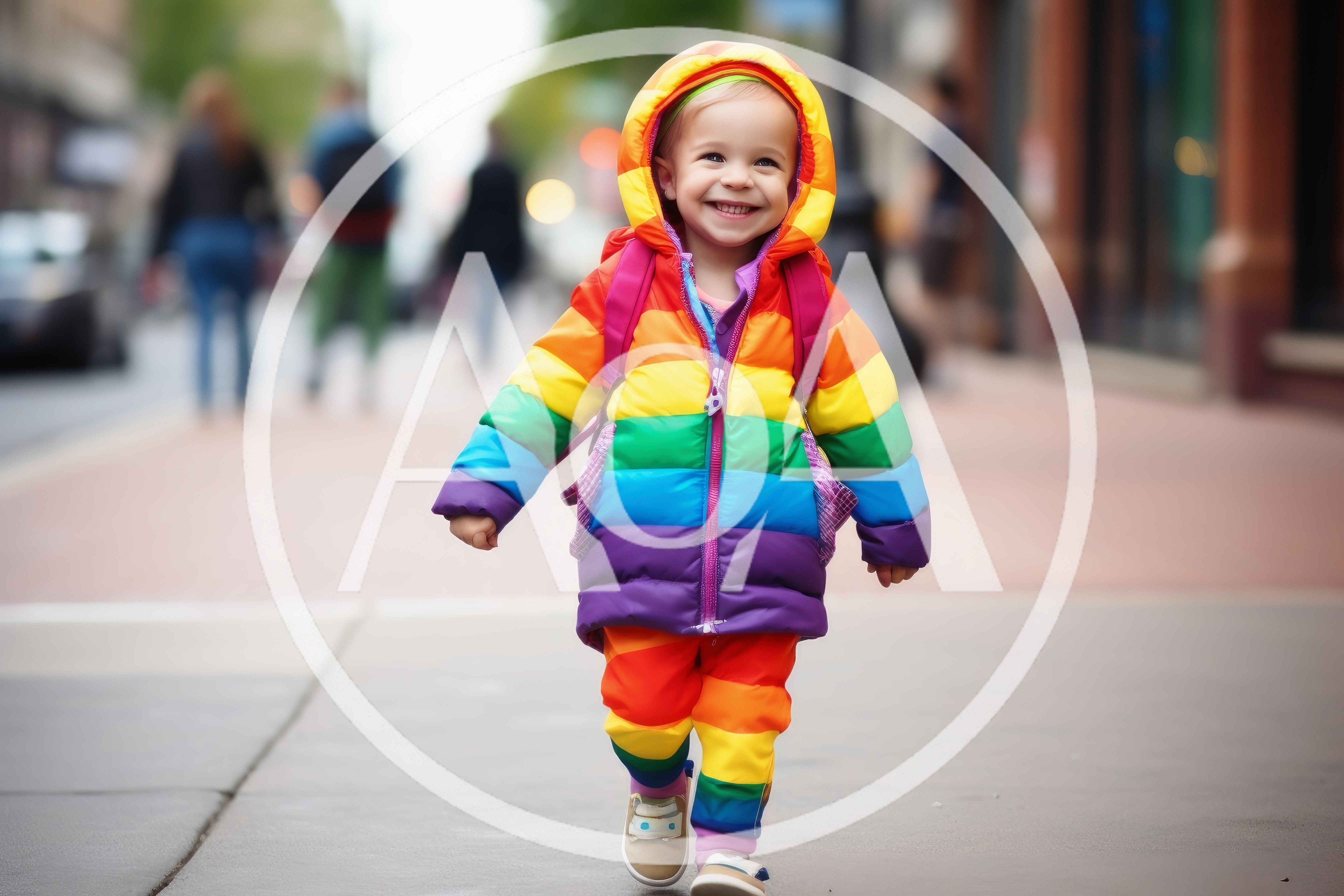 Happy Toddler Walking Down City Sidewalk In Rainbow Outfit
