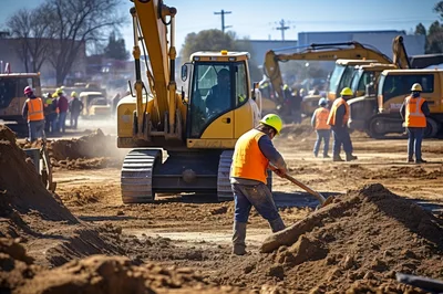 Construction Workers Operating Heavy Machinery at Excavation Site
