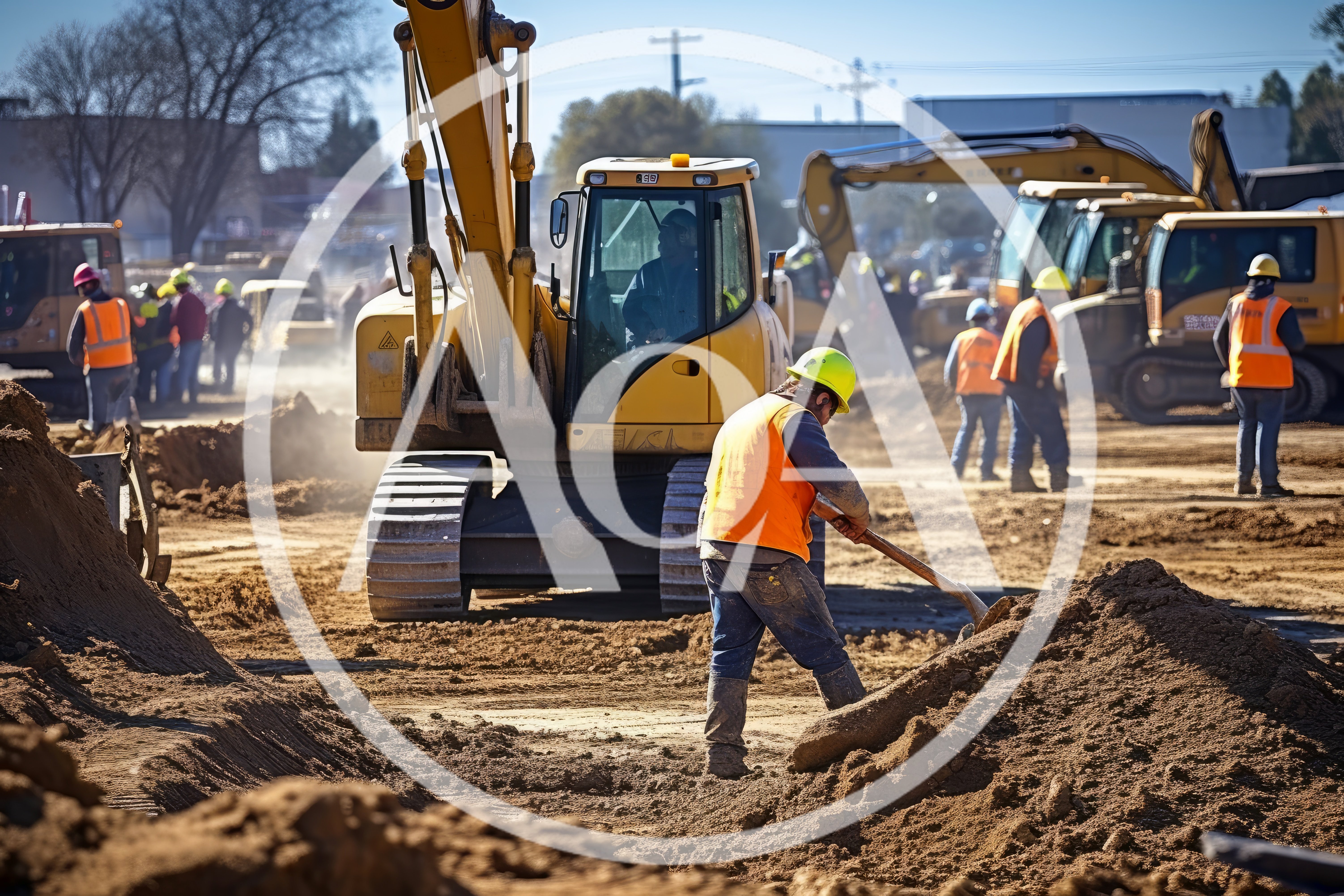 Construction Workers Operating Heavy Machinery at Excavation Site