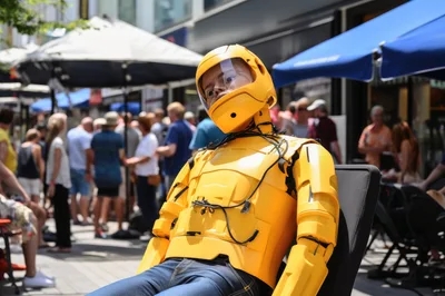 Robot Mannequin Sitting In A Busy Outdoor Cafe