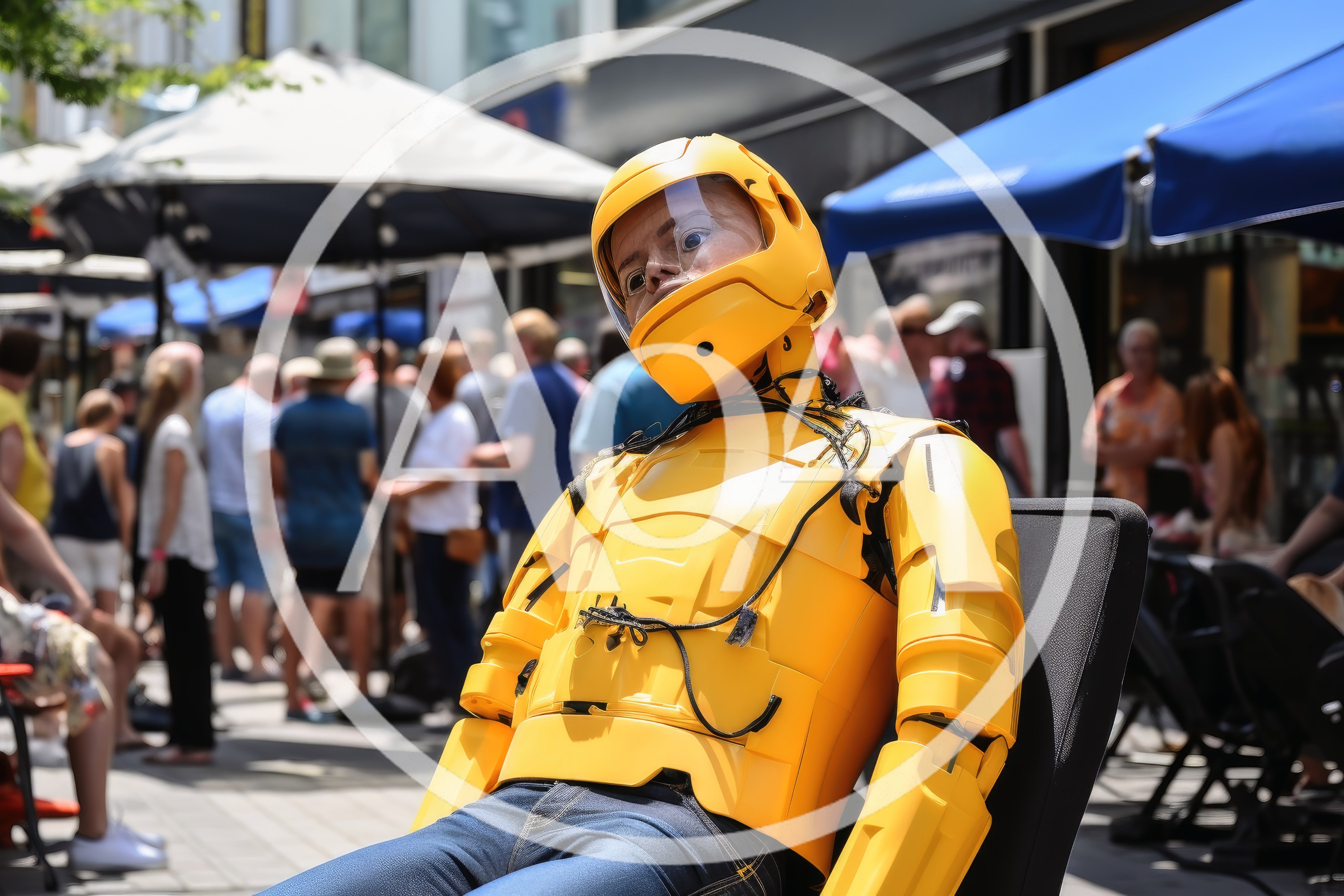 Robot Mannequin Sitting In A Busy Outdoor Cafe