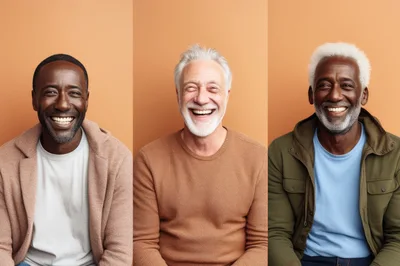 Three Diverse Senior Men Smiling Happily