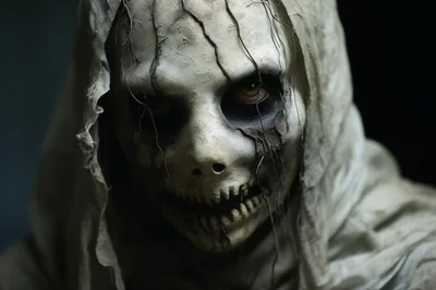 Close Up Portrait Of A Creepy Skeleton Masked Figure