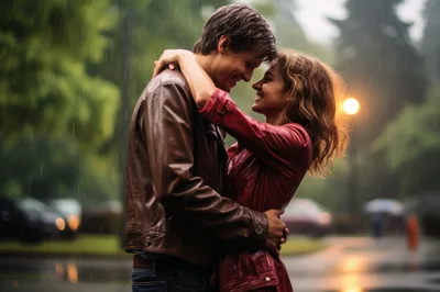 Young Couple Embracing Affectionately Under Rain in Park