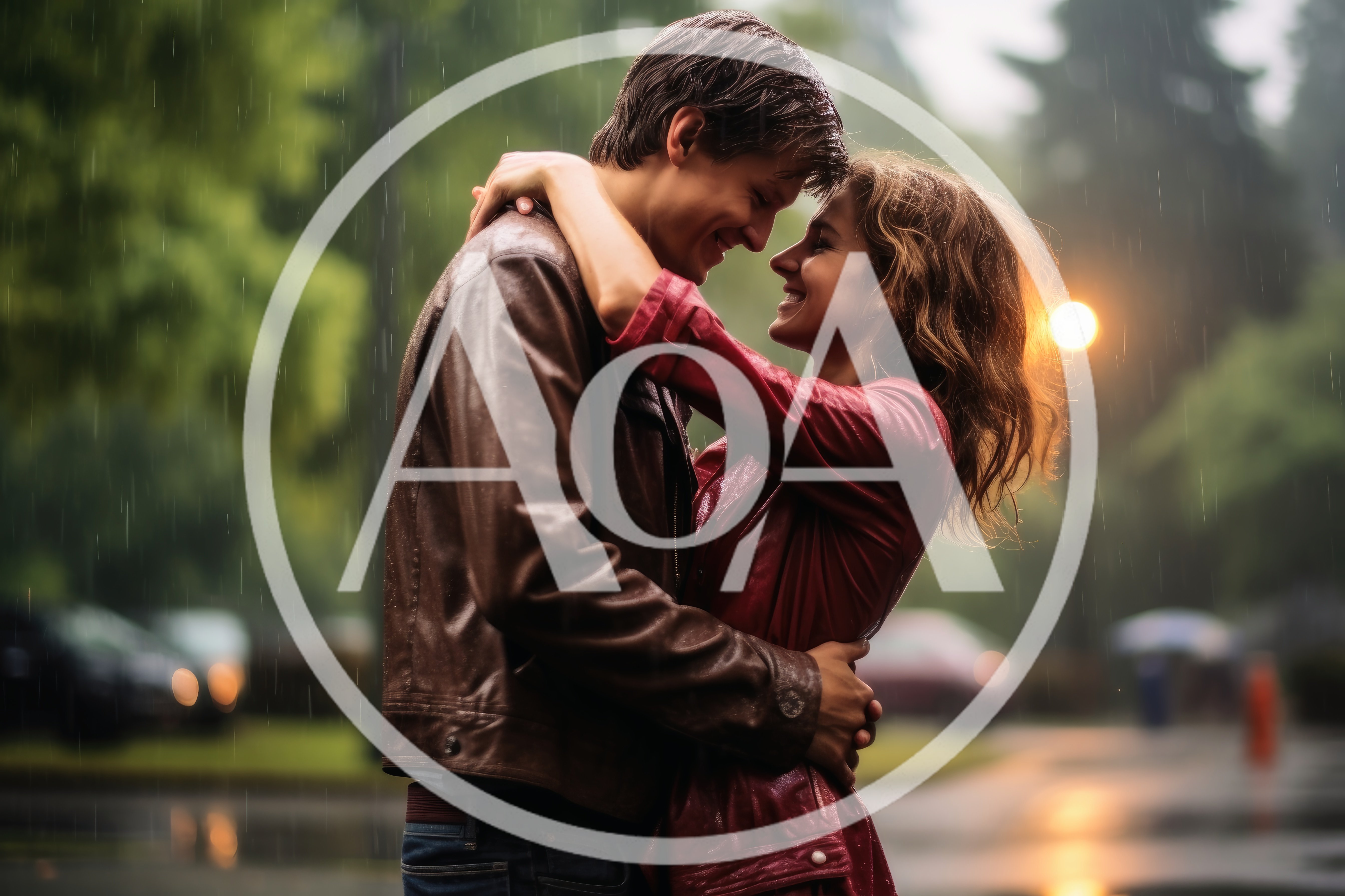 Young Couple Embracing Affectionately Under Rain in Park