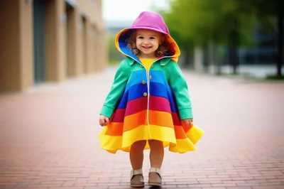 Toddler Girl Wearing A Colorful Rainbow Raincoat