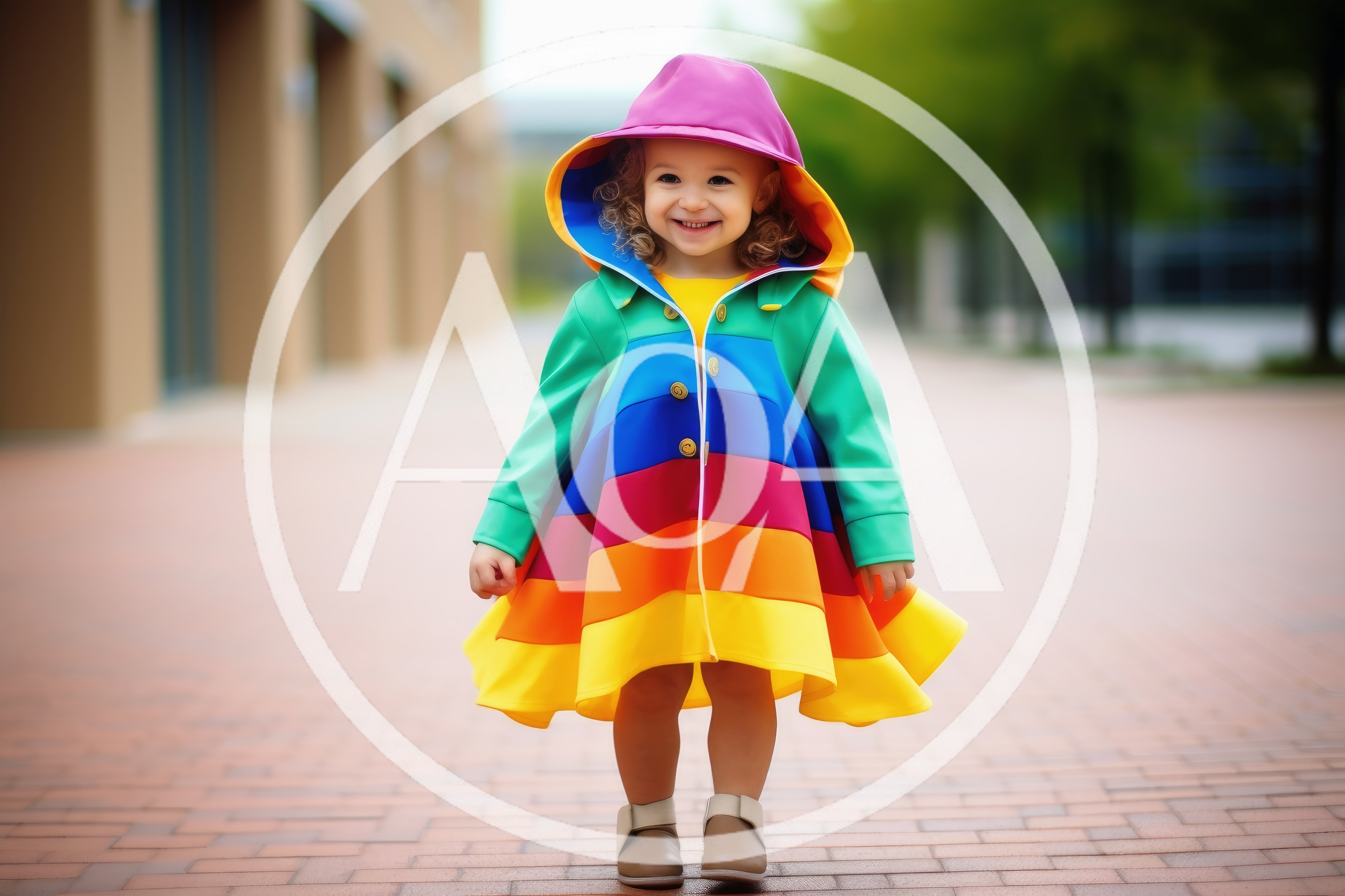 Toddler Girl Wearing A Colorful Rainbow Raincoat