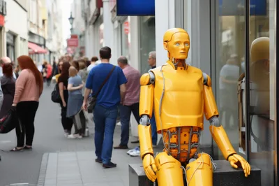Yellow Robot Mannequin Sitting On A City Street
