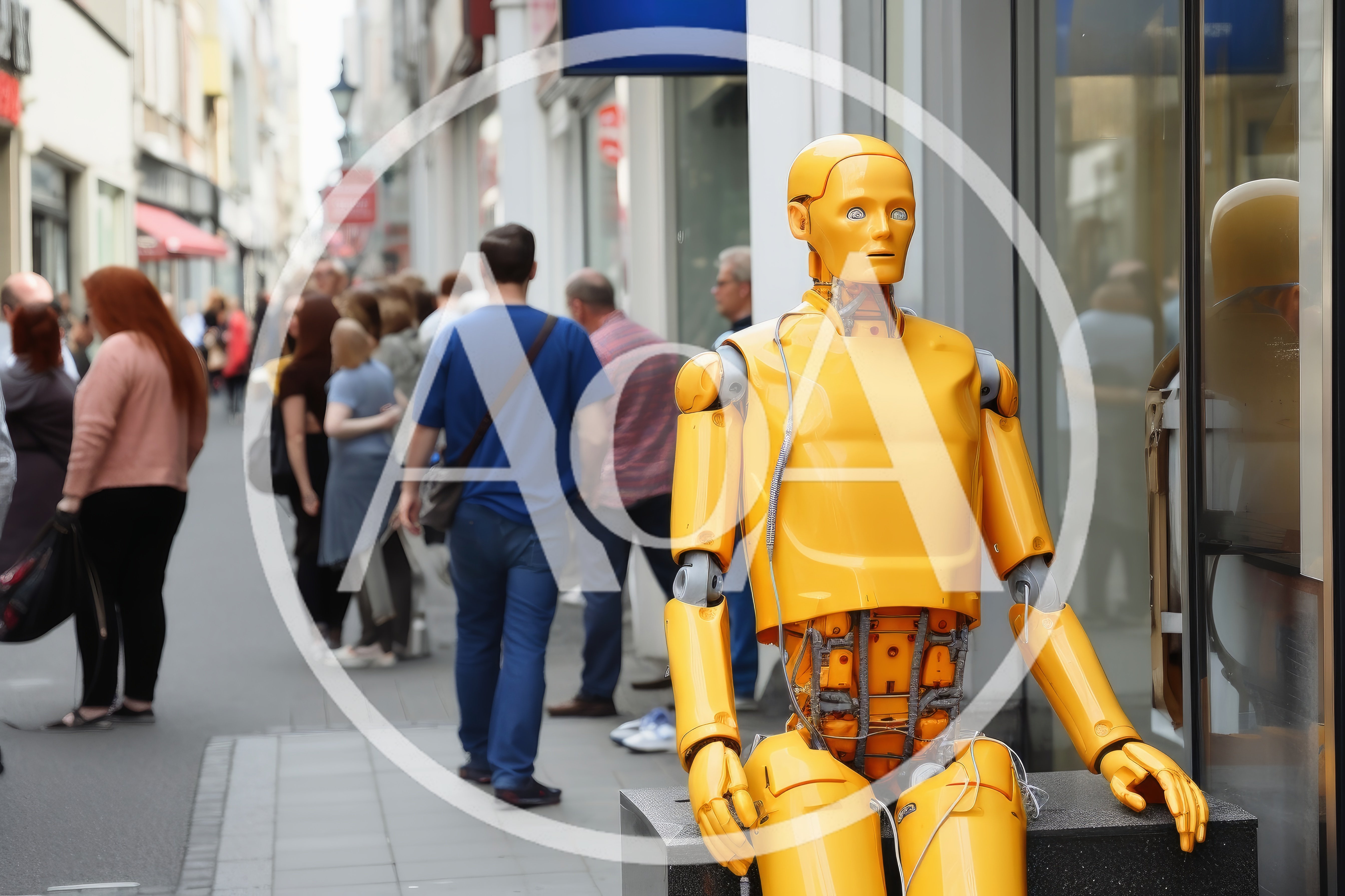 Yellow Robot Mannequin Sitting On A City Street