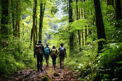Group Of Hikers Walking Through A Lush Green Forest