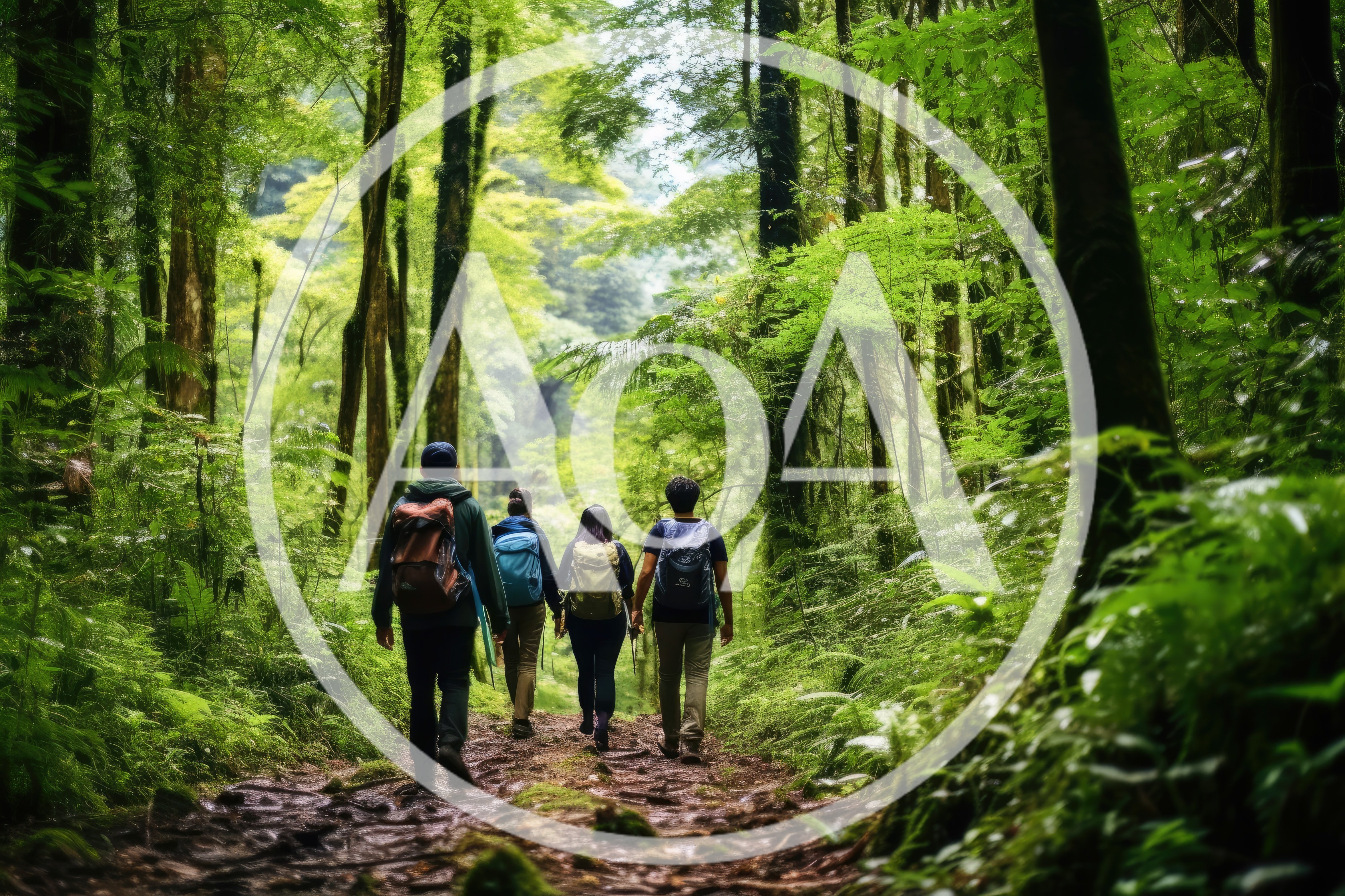Group Of Hikers Walking Through A Lush Green Forest