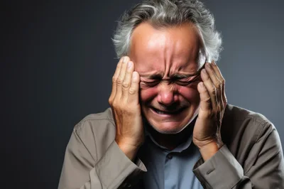 Distressed Mature Man Holding Head In Pain