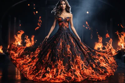 Woman Wearing A Dramatic Fire Pattern Ball Gown