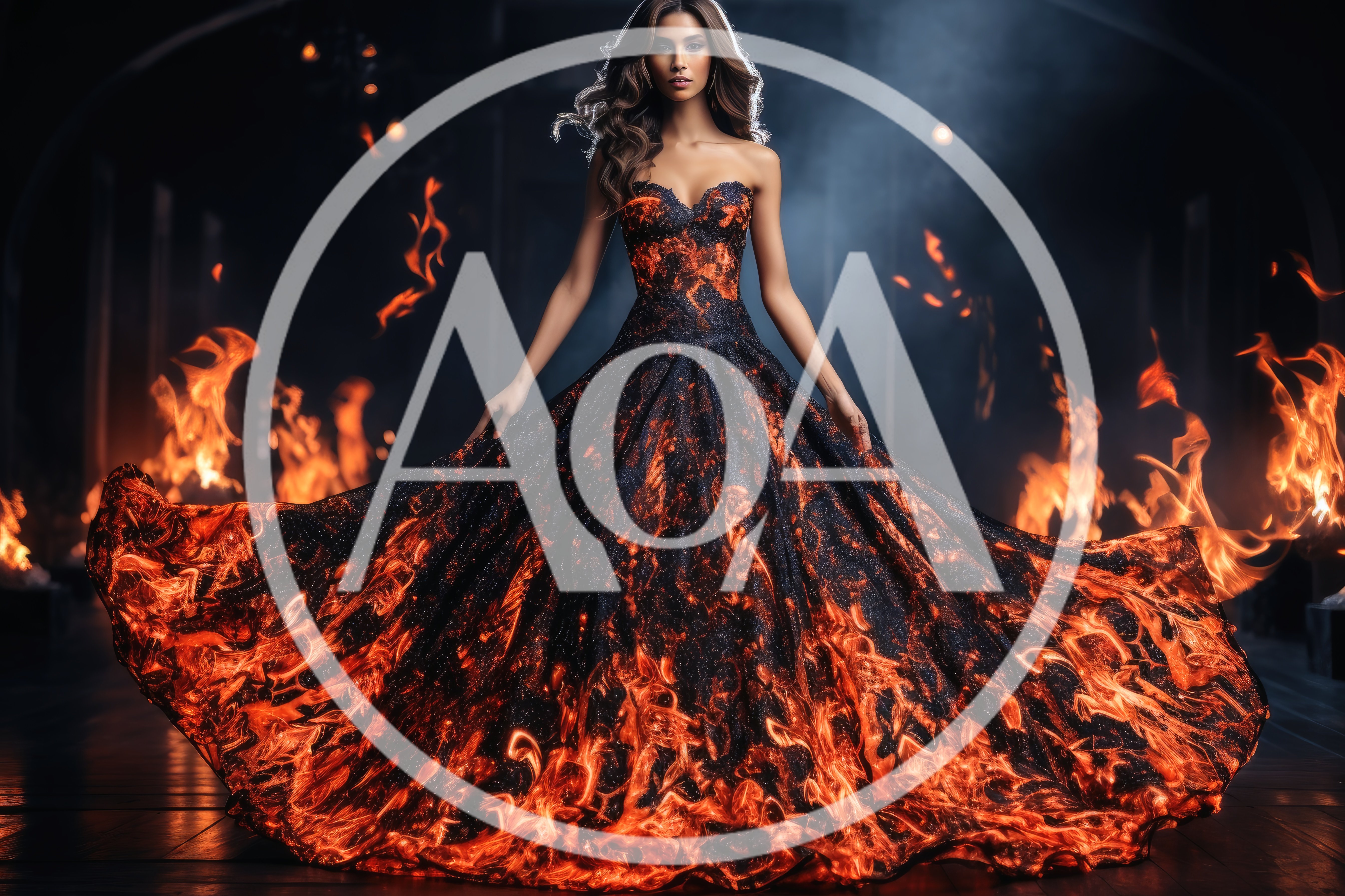 Woman Wearing A Dramatic Fire Pattern Ball Gown