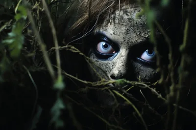 Scary Zombie Face Peering Through Dark Forest Branches