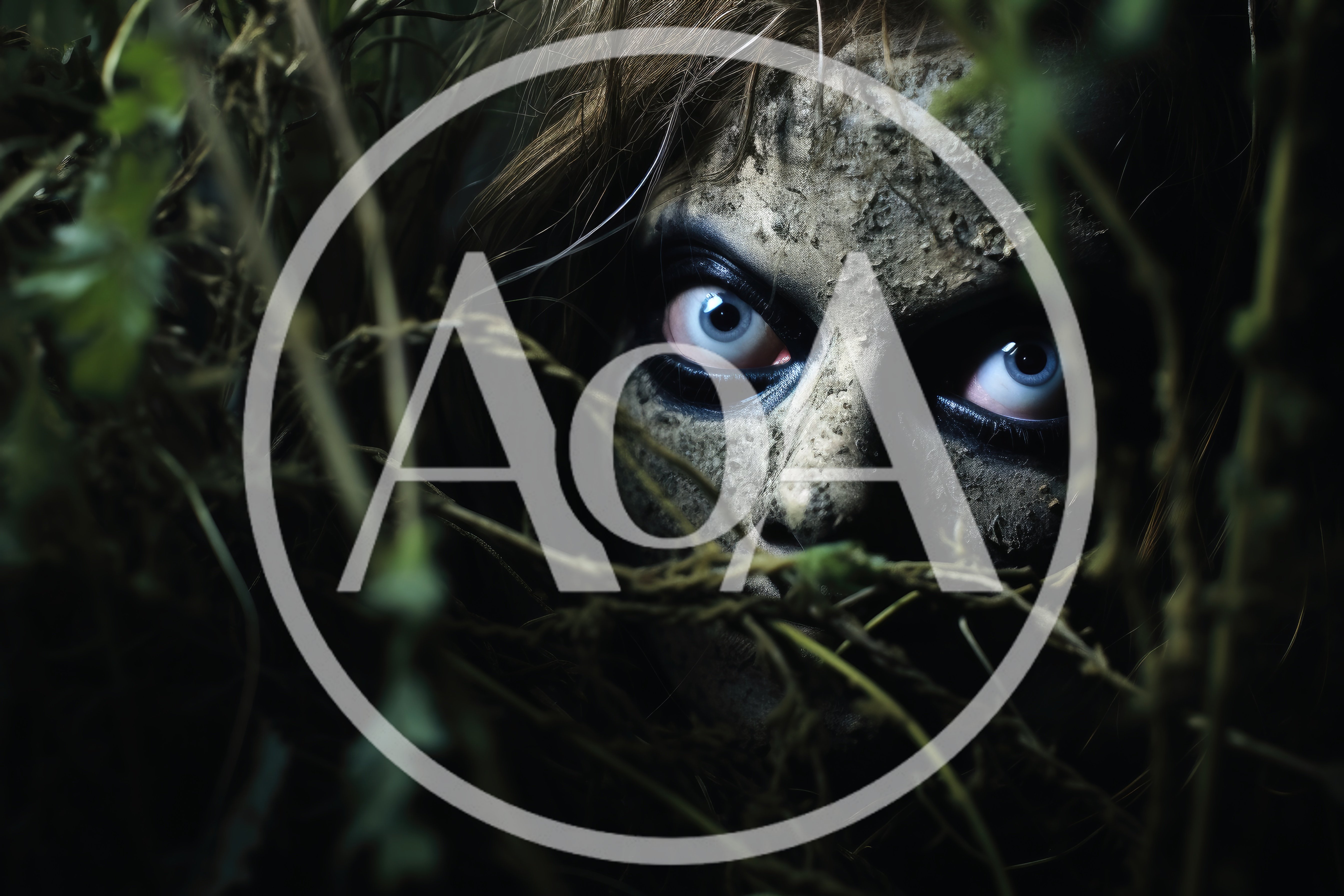 Scary Zombie Face Peering Through Dark Forest Branches