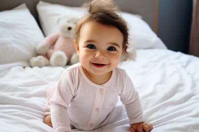 Happy Baby Crawling On A White Bed