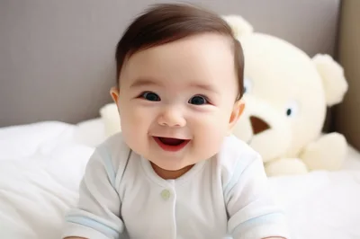 Happy Baby Smiling With A Teddy Bear