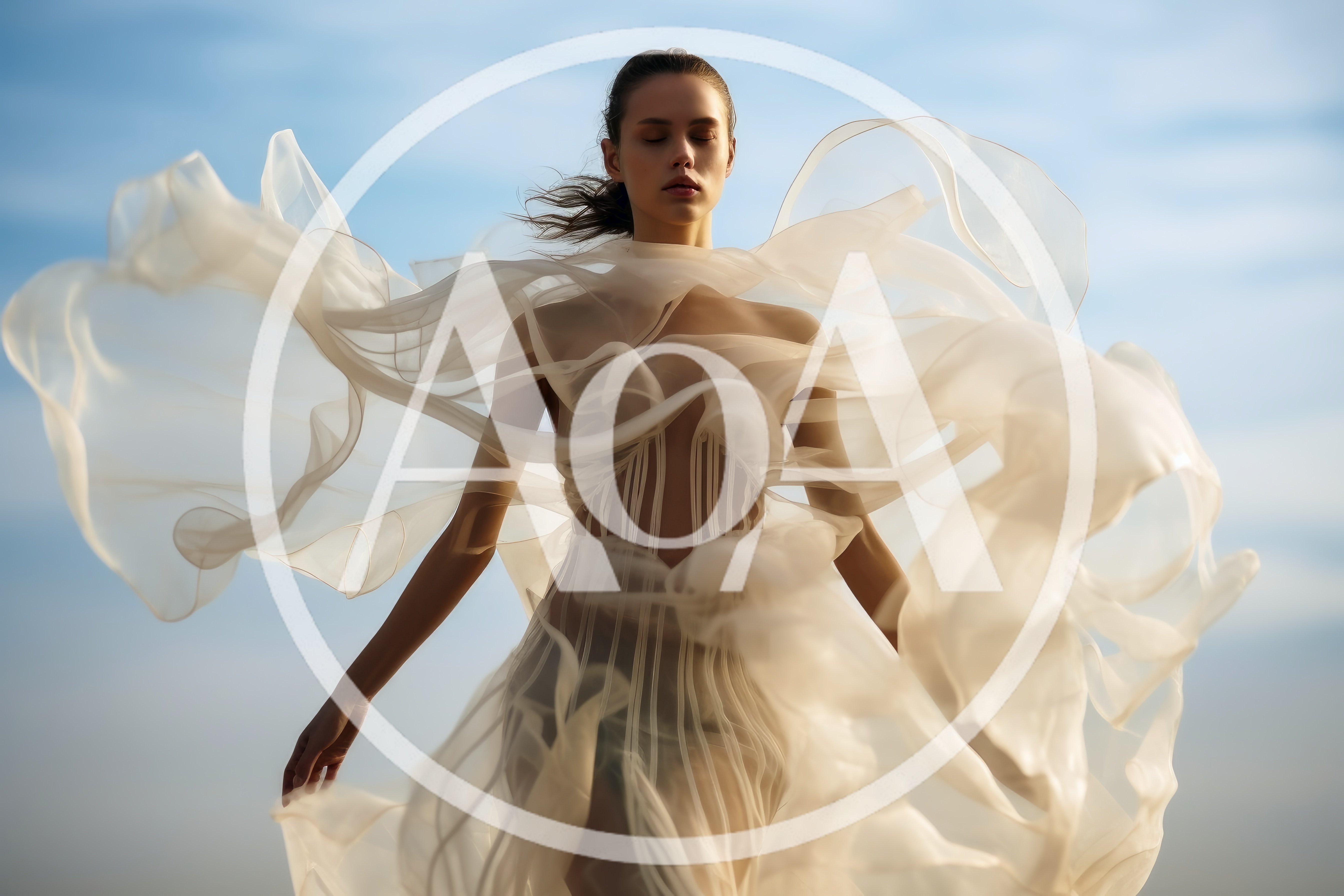 Ethereal Woman In Flowing Sheer Fabric Against Blue Sky