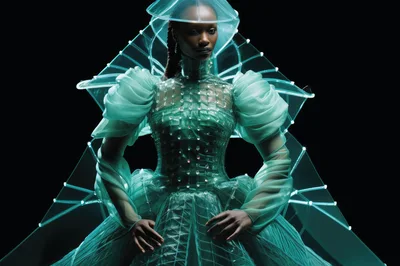 Futuristic Fashion Model In Glowing Translucent Architectural Gown